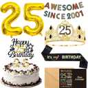 25th Birthday Decorations for Men - Vintage 2001 Birthday Supplies with Banner, Crown, Sash, Cake Topper, Gold 25 Number Balloons, Card with Envelope, 25 Year Old Party Decor Set for Him