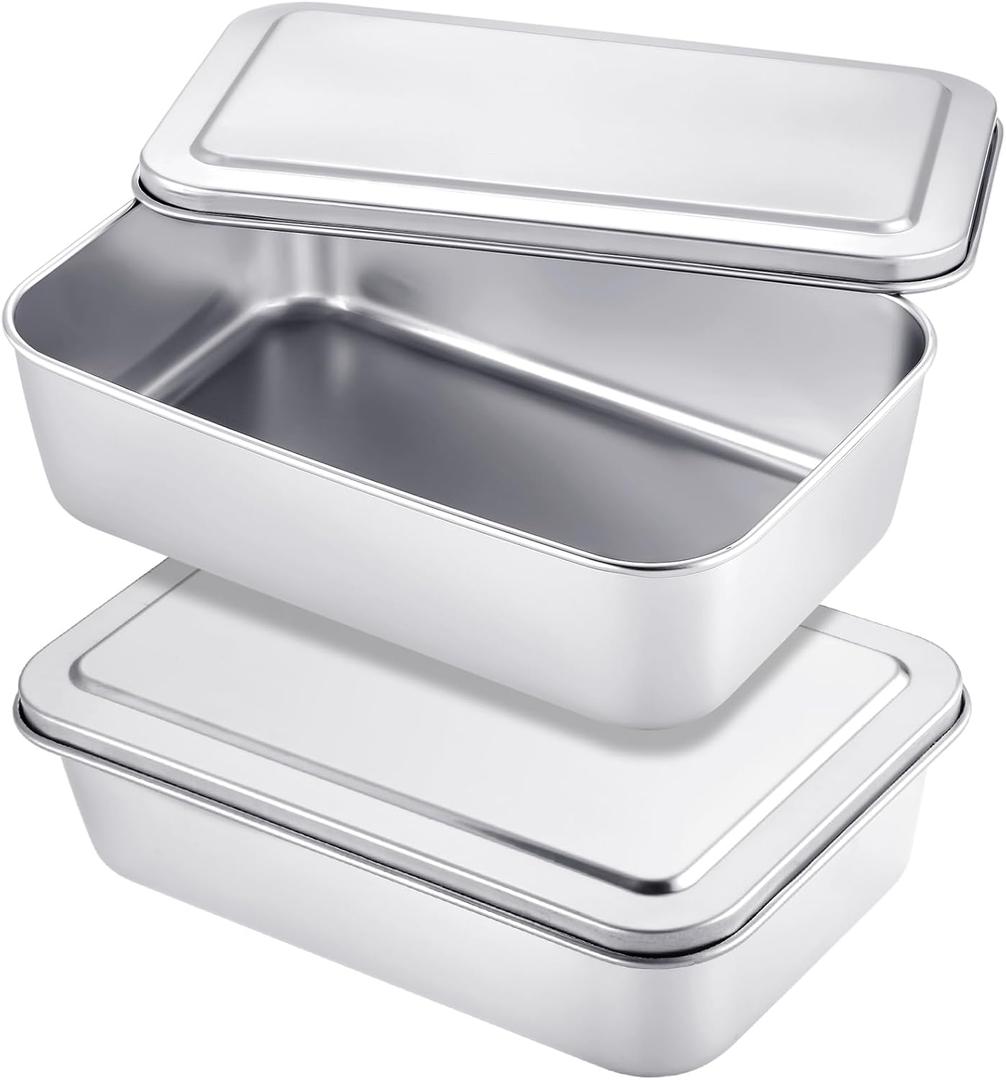 2 Sets Stainless Steel Cake Pan with Lid 6 x 9 Inch Rectangle Bread Loaf Pans with Cover Rectangle Baking Bakeware for Bread Cake Brownies, Dishwasher Safe (Classic Style)