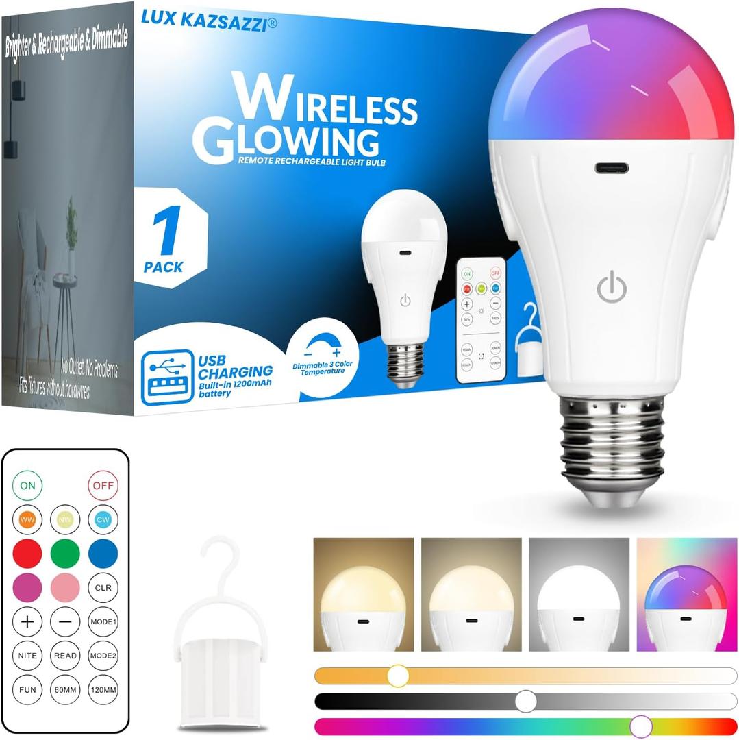 RGB WirelessGlow Rechargeable Light Bulbs with Remote, 8 Color & Dimmable Battery Operated Light Bulb with Memory Mode, 2 Timer, Cordless E26 Bulb for Wall Sconce, Nursery, Power Outage, Closet,1PK (Rgb-3000k-4000k-6500k)