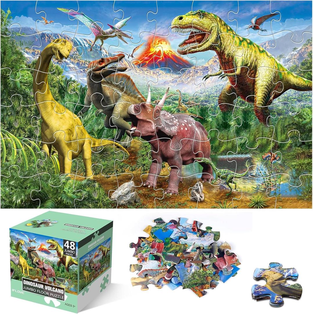Jumbo Floor Puzzle for Kids,48 Piece Volcano Dinosaur Large Jigsaw Puzzles, Fun Educational Toy for Toddlers Ages 3-5,Preschool Learning Easter Gift for Boy Girl Ages 4-8