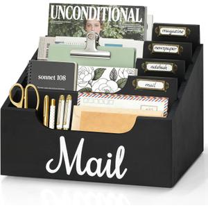 Wood Mail Organizer Countertop, Rustic Mail Holder for Desk with 4 Slots, Mail Sorter for File Paper Folder, Letter Sorter Bill Organizer for Office Home Classroom, Desk Organizers and Accessories