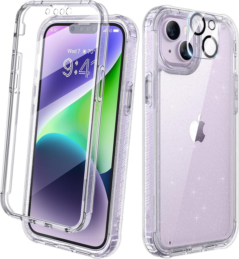 Diaclara Designed for iPhone 14 Plus Case, Full Body Rugged Case with Built-in Touch Sensitive Anti-Scratch Screen Protector, with Camera Lens Protector for iPhone 14 Plus 6.7" (Clear Glitter)