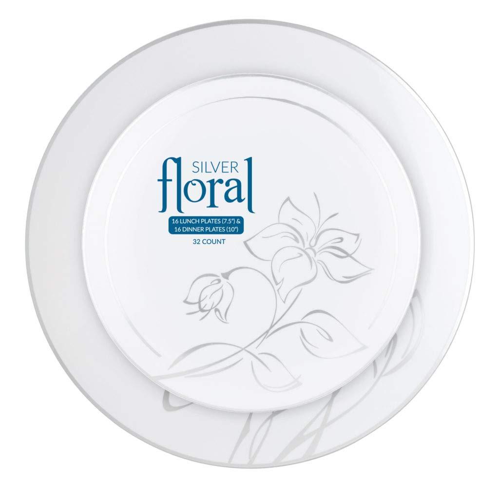Floral Silver, 16 Salad Plates (7.5") & 16 Dinner Plates (10"), 4/32 Count