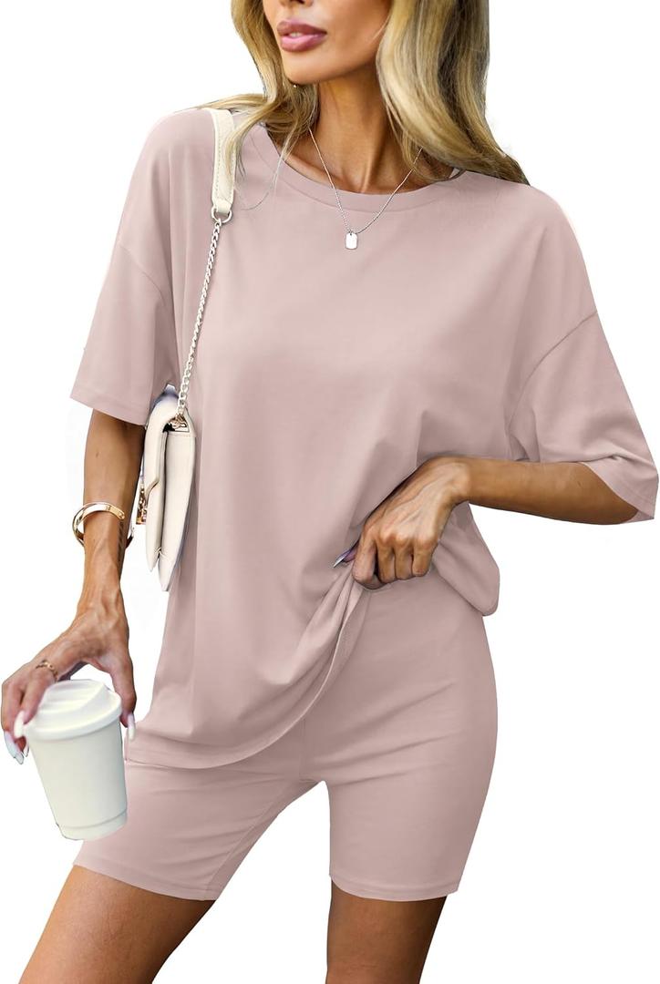 Ekouaer Women 2 Piece Lounge Sets Moisture Wicking Summer Outfits 2026 Oversized T-Shirt and Biker Short Matching Sets (Beige, XL)