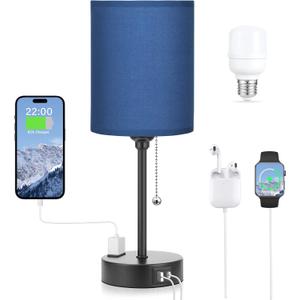 Small Bedside Table lamp for Bedroom - 3 Color Temperatures Bedside Lamps with USB C and A Ports, Pull Chain Table Lamps with AC Outlet, White Nightstand Lamps with Black Metal Base for Kids Reading, Blue