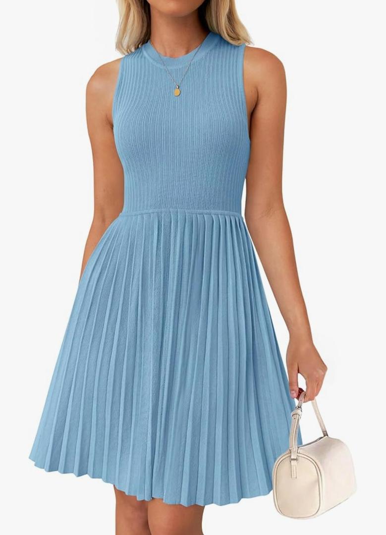 ZESICA Women's Summer Sleeveless Mini Dress 2025 Crewneck Knit A Line Pleated Swing Casual Basic Short Dress M ZESICA Women's Summer Sleeveless Mini Dress 2025 Crewneck Knit A Line Pleated Swing Casual Basic Short Dress M