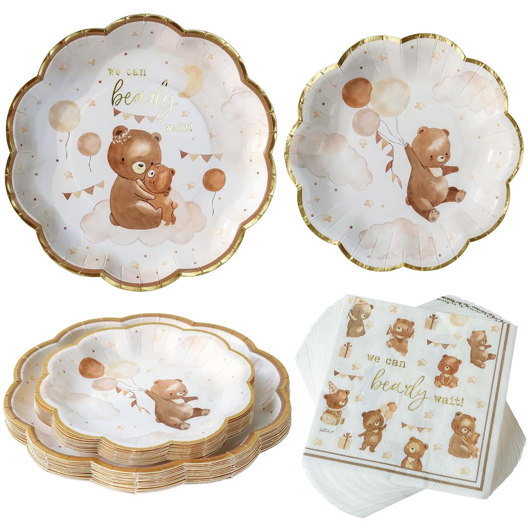 Kate Aspen We Can Bearly Wait Baby Shower Plates and Napkins Party Decorations Plates & Napkins; Adorable & Classic Teddy Bear Baby Shower (62 Piece - 16 Guests)