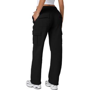 QINSEN Baggy Medium Waist Elastic Sweatpants for Womens Casual Long Fleece Cargo Pants with Pockets (Small, Black)