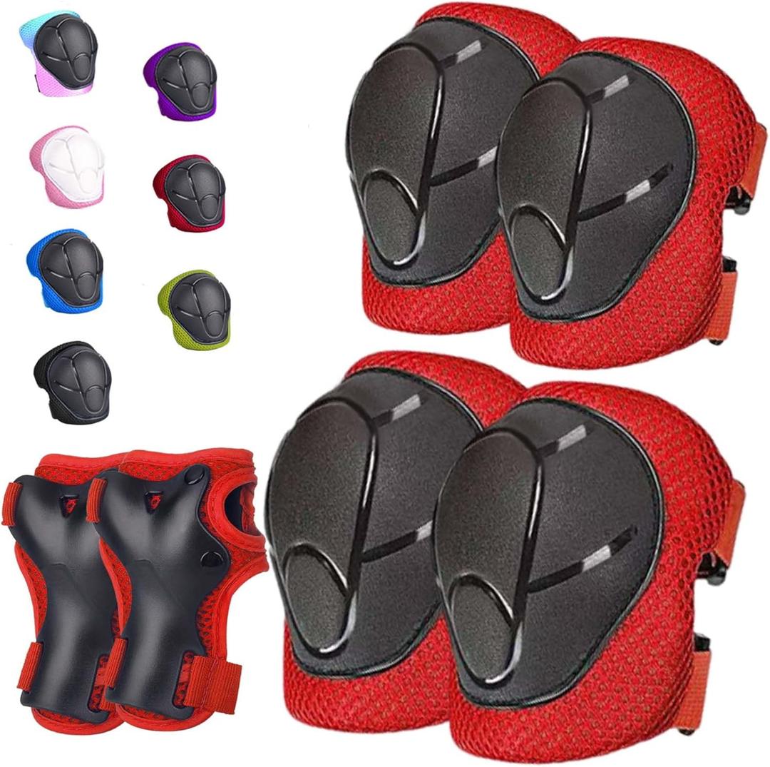 Kids/Youth Knee Pads Elbow Pads for 3-14Years Boys Girls 6 in 1 Kids Protective Gear Set Adjustable for Skating Cycling Bike Rollerblading Scooter Roller Skates (M(7-14Years), red)
