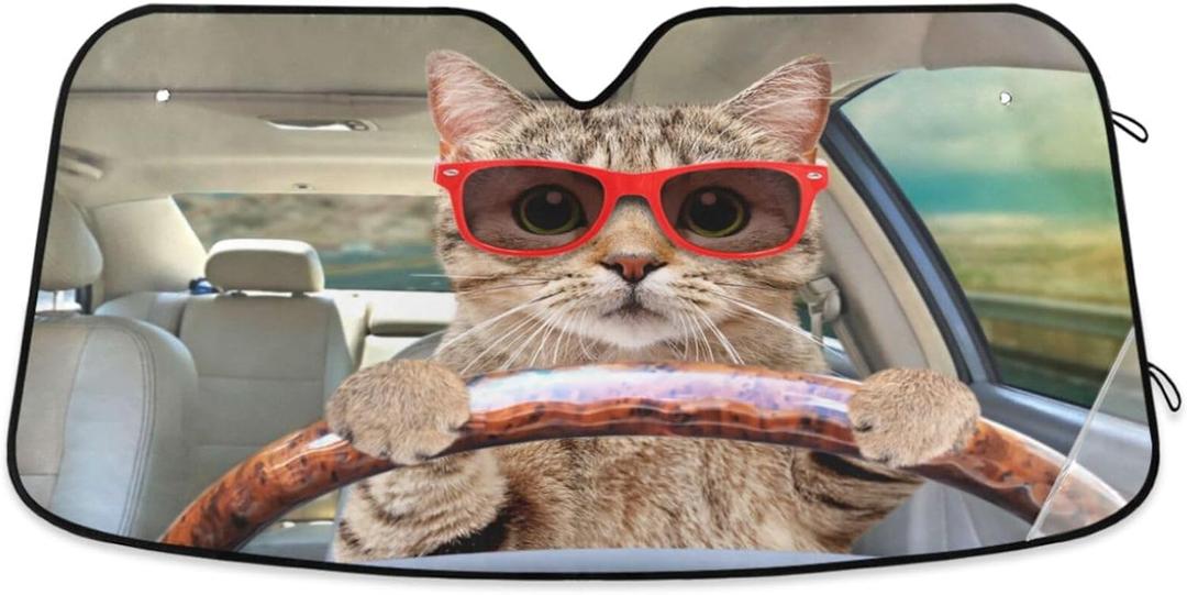 Fun Cute Cat Driving Car Windshield Sun Shade Foldable UV Ray Sun Visor Protector Sunshade to Keep Your Vehicle Cool (55" x 27.6")