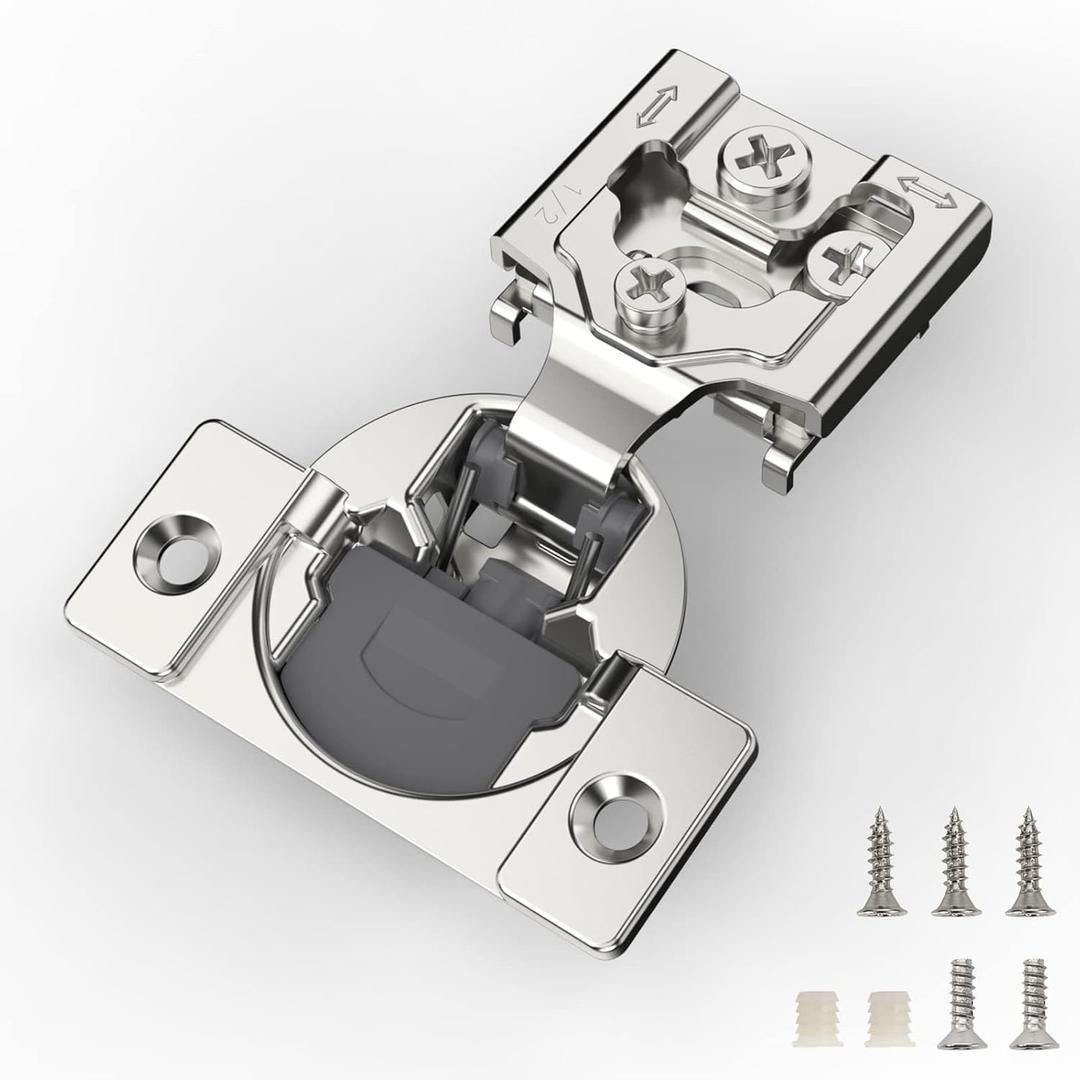 Furniware 50 Pieces 1/2 inch Overlay Soft Close Cabinet Hinges for Face Frame Cabinet, Stainless Steel, 105 Opening Angle, Concealed Self Closing Door Hinges- 3 Way Adjustment