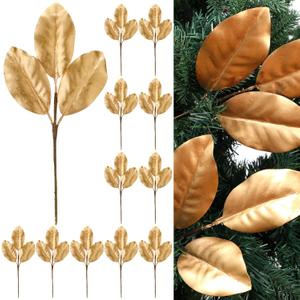 Thiccywoov 12 Pcs 12.6 Inch Christmas Magnolia Picks Artificial Magnolia Stem Branches Faux Christmas Leaves Picks for Vase Arrangement Table Centerpiece Party Xmas Wreath Garland Decor (Gold)