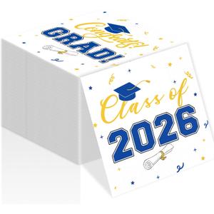 Class of 2026 Graduation Napkins, 3-Ply Disposable Congrats Grad Paper Napkins for Dinner and Cocktail Party Decorations, School and College, 6.5-Inch Square (100, Blue)