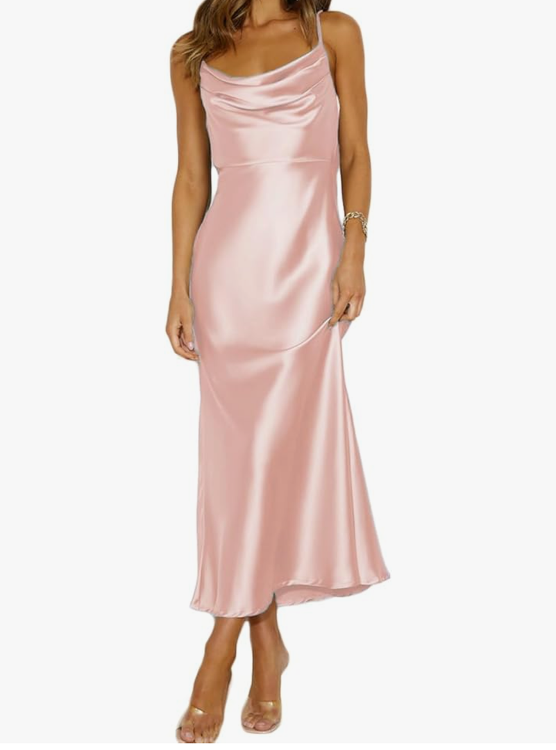 Akobby Summer Satin Spaghetti Strap Cowl Neck Backless Midi Dresses for Women Elegant Tie Low Back Ruched Cocktail Dress, Small