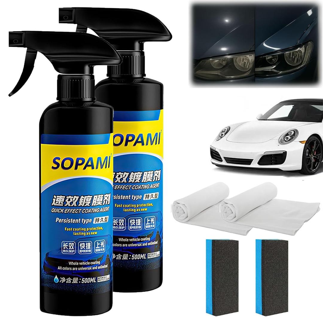 Sopami Car Coating Spray - Quick Effect Coating Agent, Hydrophobic Wax Polish, Scratch Repair & Waterless Wash, Oil Film Emulsion Glass Cleaner, Long-Lasting Shine (2Pcs)
