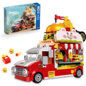 Piggy Burger Truck Building Set, 566PCS Creative Fast Food Truck Playset Compatible with Lego City Car, Imaginative Pretend Play Toys Gift for Kids Ages 6+
