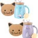 BigNoseDeer 2Pcs Kawaii Tea Cup with Infuser Ceramic Cat Mug Cute Mugs Coffee Mugs Gifts for Cat Lovers Cute Cool Preppy Stuff Mother's Day Gifts for Women 13oz