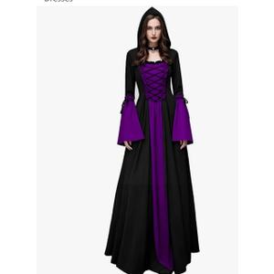 Womens Gothic Witch Dress, Halloween Lace Up Hooded Costume Medieval Vampire Sorceress Cosplay Dresses Medium