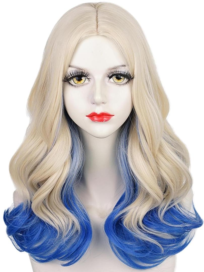 Long Curly Blonde Blue Wig 19.7'' Platinum Blonde Gradient Wave Wigs for Women Halloween Party Daily Costumes