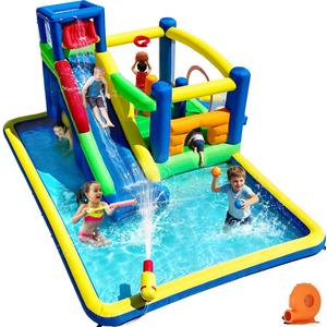 Baralir Upgrade 14.3x13.5FT Inflatable Water Park & Bounce House with Large Splash Pool, Long Slide, Climbing Wall, Basketball Hoop, Craw-Through Hole and Tunnel for Endless Summer Fun