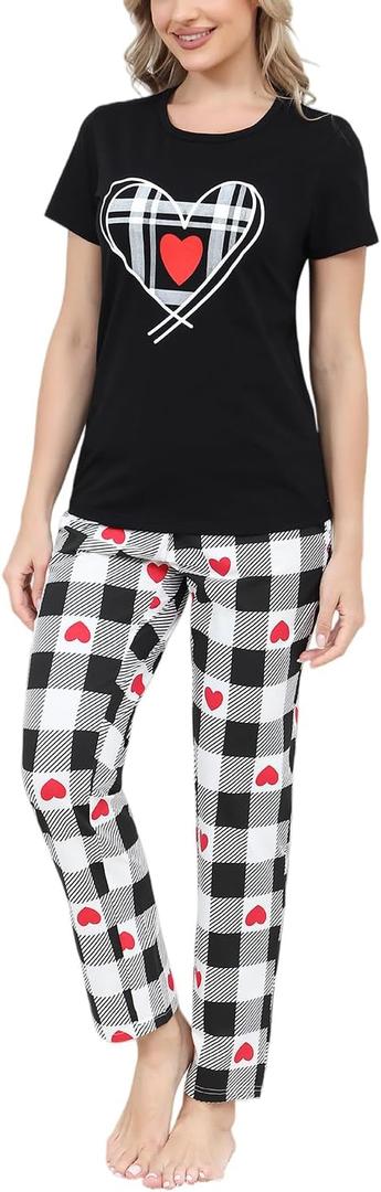 EISHOPEER Women's Cotton Pajama Set Cute Printed Short Sleeve Top & Long Pants Sleepwear Pjs Sets (XX-Large, Black & Plaid)