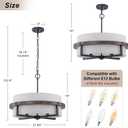 22" Bronze Drum Chandeliers for Dining Room with Off-White Fabric Shade