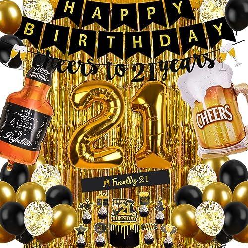 21st Birthday Decorations for Him, Happy Birthday Decorations Black and Gold 21 Birthday Decor with Happy Birthday Banner, Fringe Curtain, Confetti and Latex Balloons