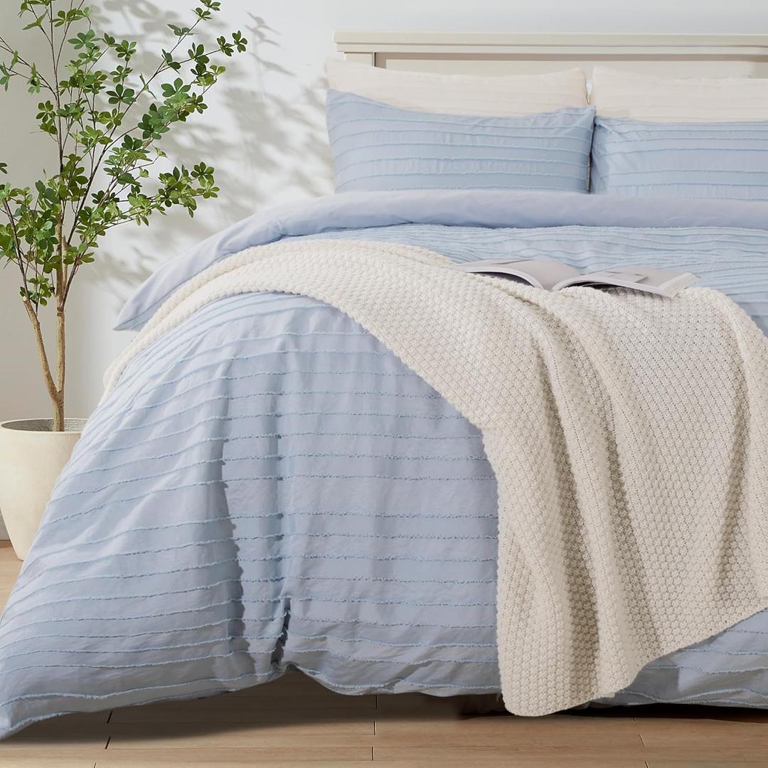 NEXHOME PRO Duvet Cover King Size, Blue 3 Pieces Boho Tufted Duvet Cover Set, Soft and Lightweight Microfiber Comforter Cover Set for All Season (Blue King, 104 x 90)-No Comforter