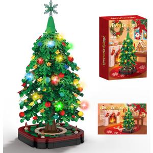 Christmas Tree Building Blocks Set,DIY Christmas Tree Toy Bricks with LED Light, Creative Educational STEM Gift for Boys and Girls, Creative Home Decor Building Toys Gifts for Kids Adults Teens