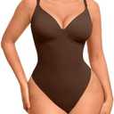 FeelinGirl Shapewear Bodysuits for Women Tummy Control, Thong Body Suit Deep V Neck Corset Top Body Shaper, Brown,  L