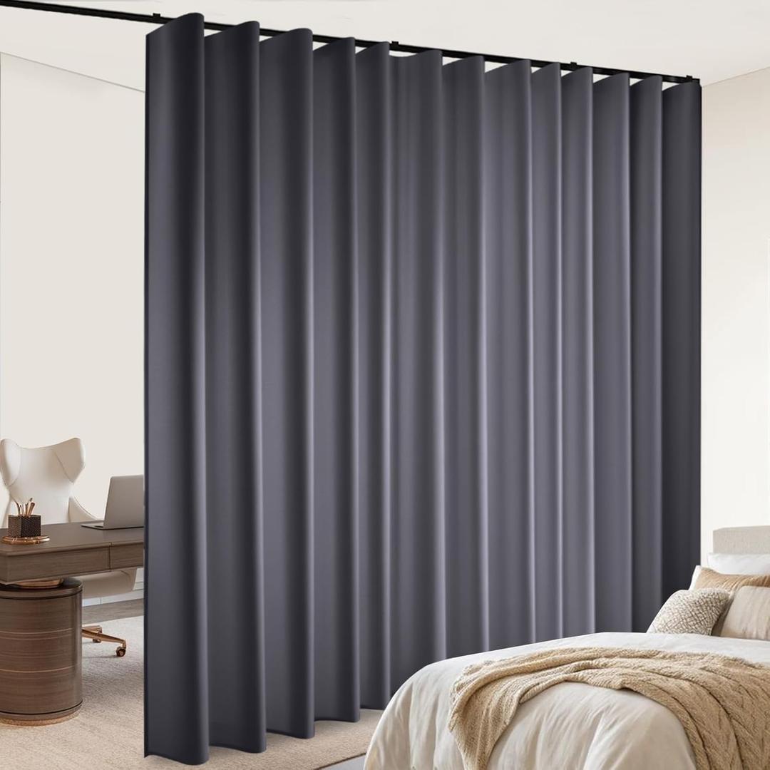 Room Divider Blackout Curtains Flexible Sliding Tracks Sets Ceiling Mounted Rod Window Curtain Privacy Separation for Bedroom Living Rooms,1 Panel Grey Drape and Black Track Set-W180xH72 in