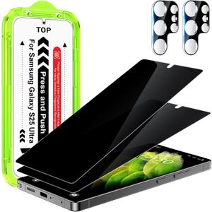 Esanik [2+2 Pack Privacy Screen Protector for Samsung Galaxy S25 Ultra 6.9'' Anti Spy PET Film(NOT Glass) with Easy Installation Frame + Camera Lens Protector Fingerprint ID Compatible