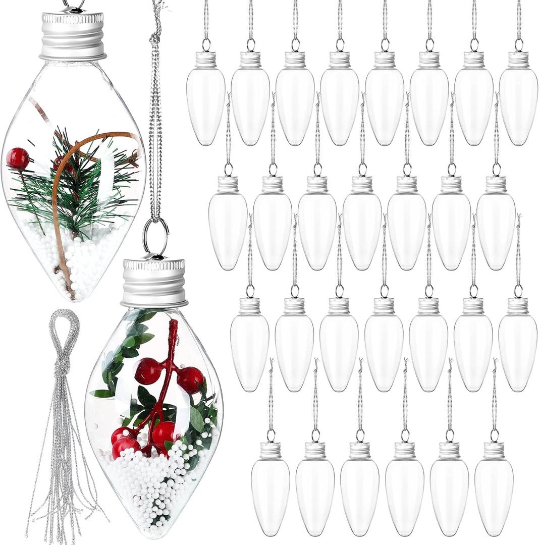 Patelai 30 Pieces Christmas Fillable Ornaments Crafts Clear Glass Plastic Light Bulbs Hanging Ball Ornaments with Screw Off Caps and Silver Rope for Christmas Tree Decoration DIY Crafts