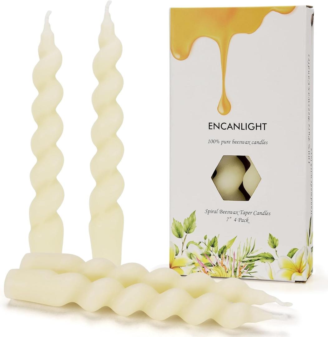7 inch Natural Pure 100% Spiral Bees Waxs Taperad Candle 4 Packs,Diameter 0.9" Candles Twistad Candl-Unscented Candles and Smokeless for Home Decarations, Party (Ivory)