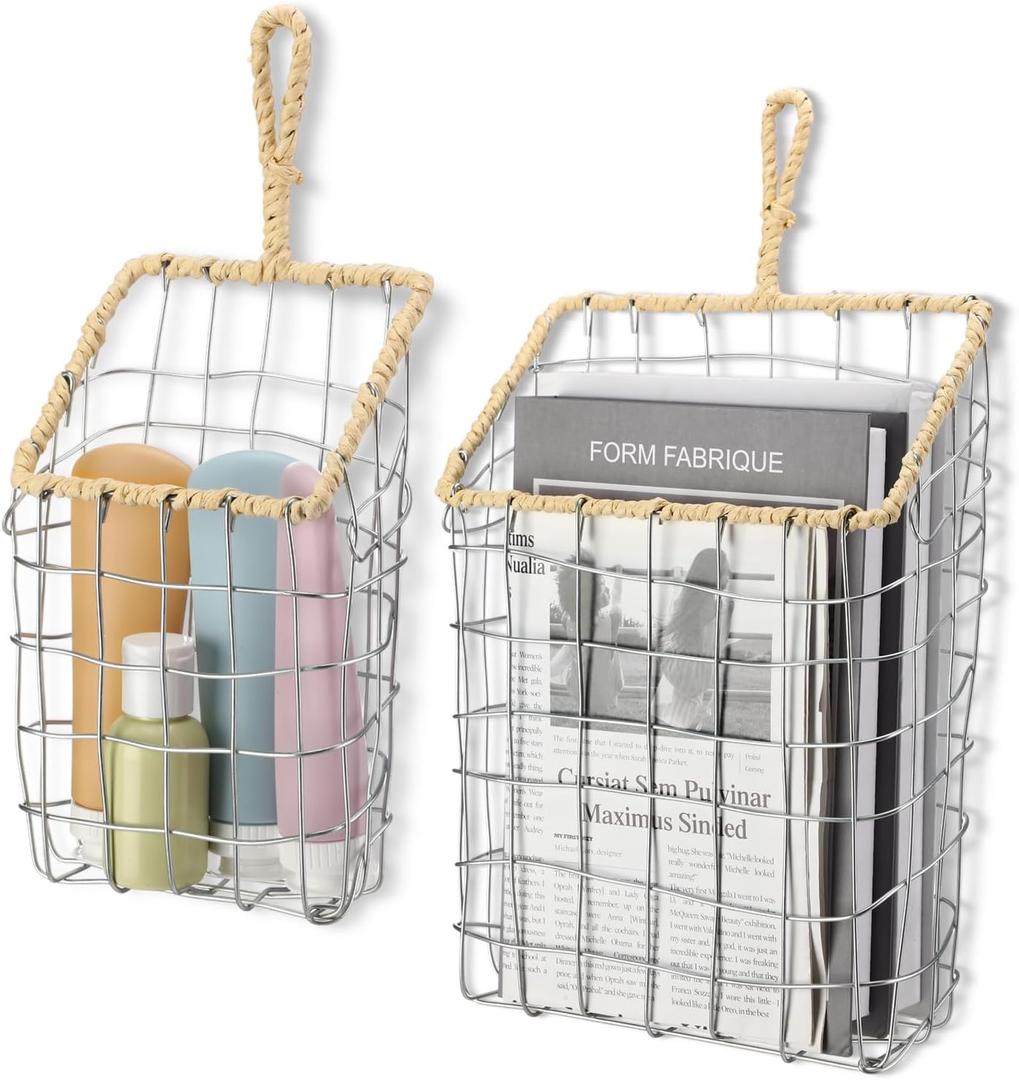 DoubleFill 2 Pcs Hanging Storage Baskets Iron Wire Handwoven Wall Baskets with Wicker Hook Rustic Wall Mounted Organizer for Organizing Mail Files Accessories Kitchen Bathroom Pantry Farmhouse Decor