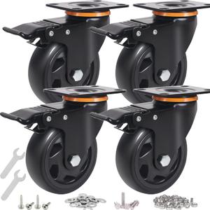 4 Inch Caster Wheels, Casters Set of 4 Heavy Duty with Brake, Polyurethane Foam No Noise Wheels, Safety Dual Locking Plate Industrial Casters, Loading 2200lbs (Two Sets Hardward Kits)