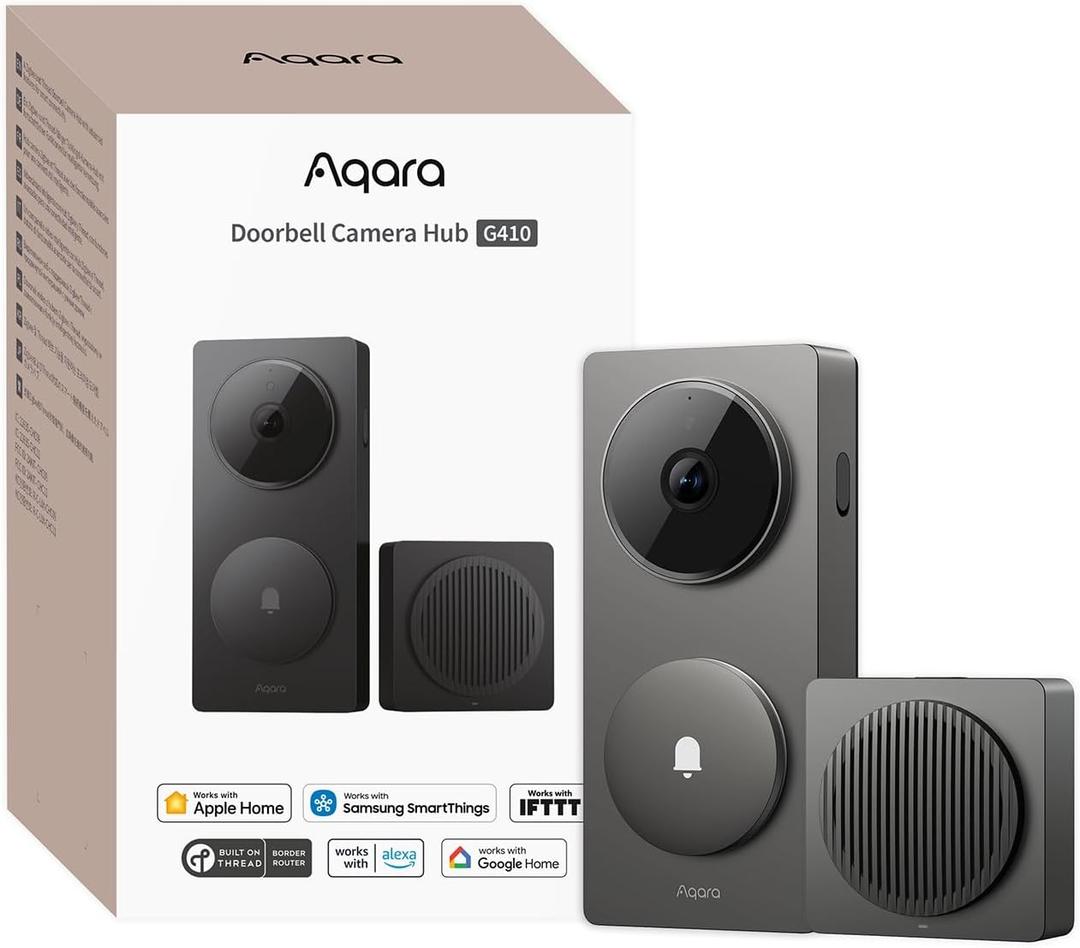 Aqara Smart Doorbell Camera G410 with Chime, 2K, HomeKit Secure Video, 2-Way Audio, Built-in Matter Hub, Wireless/Wired, Supports Apple Home, Alexa, Google, Home Assistant, 2.4G/5GHz Wi-Fi, Gray