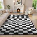 Ophanie Checkered Black & White Rug for Living Room Bedroom, Fluffy Soft Cute Fuzzy Area Rugs, Shag Plush Shaggy Bedside Floor 6x9 Furry Carpet for Kids Baby Teen Dorm Nursery Home Decor Aesthetic