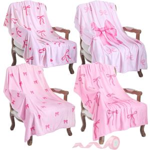 4 Pcs Pink Bow Throw Blanket for Sleepovers Girls with 24 Yard Ribbon Bowknot Flannel Blanket Coquette Preppy Throw Gift for Back to School Slumber Birthday Movie Night Party 40" x 50"