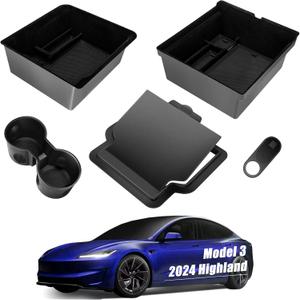 Tesla Model 3 Accessories 2025-5Pcs Center Console Organizer Tray for Tesla Model 3 Highland 2025 2024, Hidden Storage Box,Cup Holder & Armrest Drawer Organizer