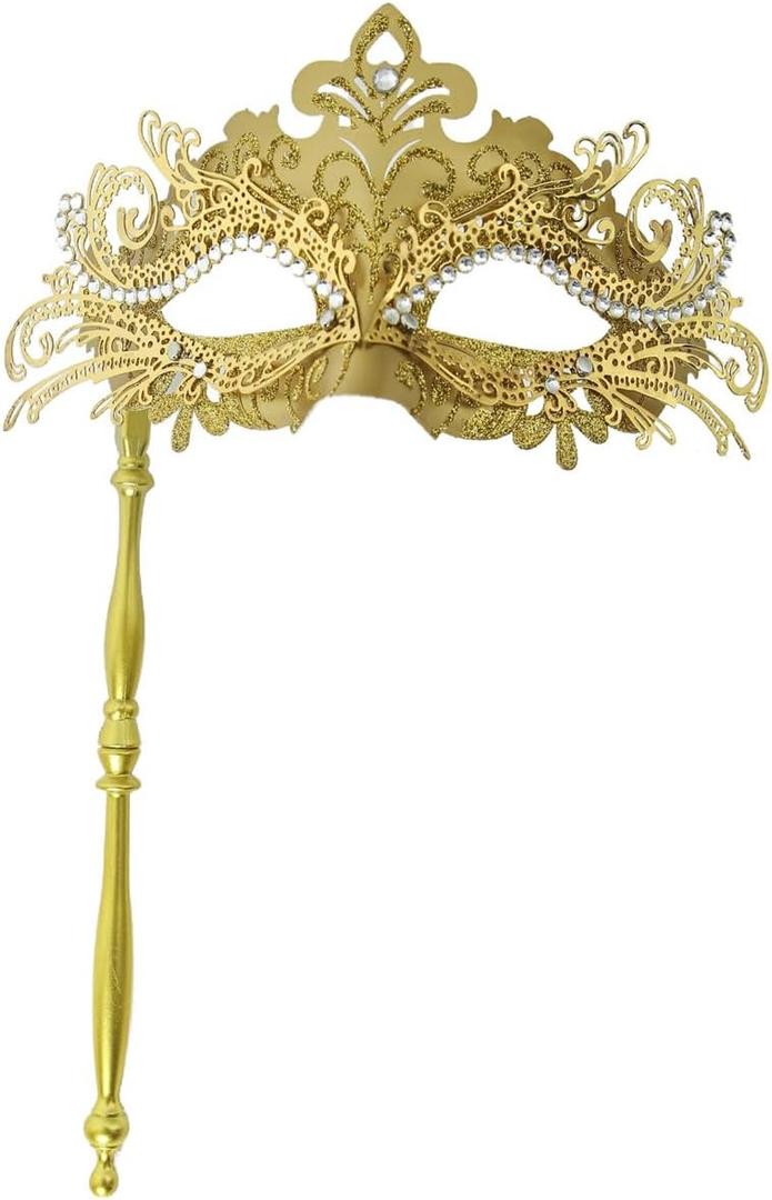 Masquerade Mask with Stick Handheld Venetian Mask Mardi Gras Mask for Women (Gold)