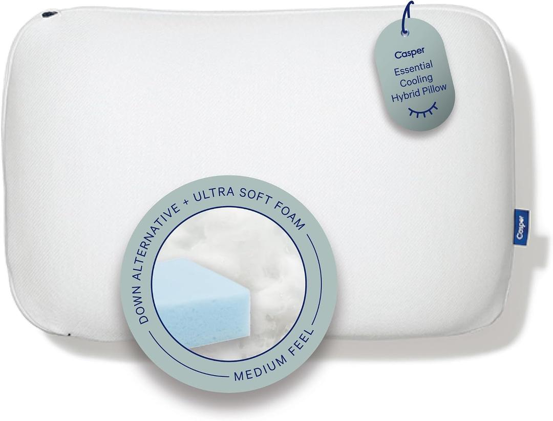Casper Sleep Essential Cooling Hybrid Pillow, Standard Size Dual-Sided Foam & Down-Alternative Fill, Medium Feel, Cooling Cover, Supports Side Sleepers, Breathable & Pressure-Relieving