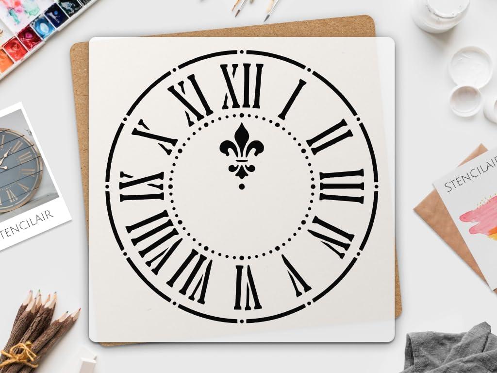 Roman Numeral Clock Stencil  Reusable Large Stencil for DIY Wall Clocks, Furniture Painting, Vintage Decor, Farmhouse Crafts  Laser Cut Clock Face Template 20x20 Inch