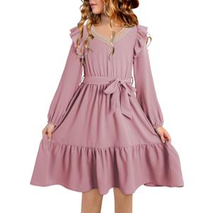 blibean Teen Girls Fall Dress Kids Semi Formal Lace Smocked Long Sleeve Dresses Size 10-11 Years (A Light Pink)