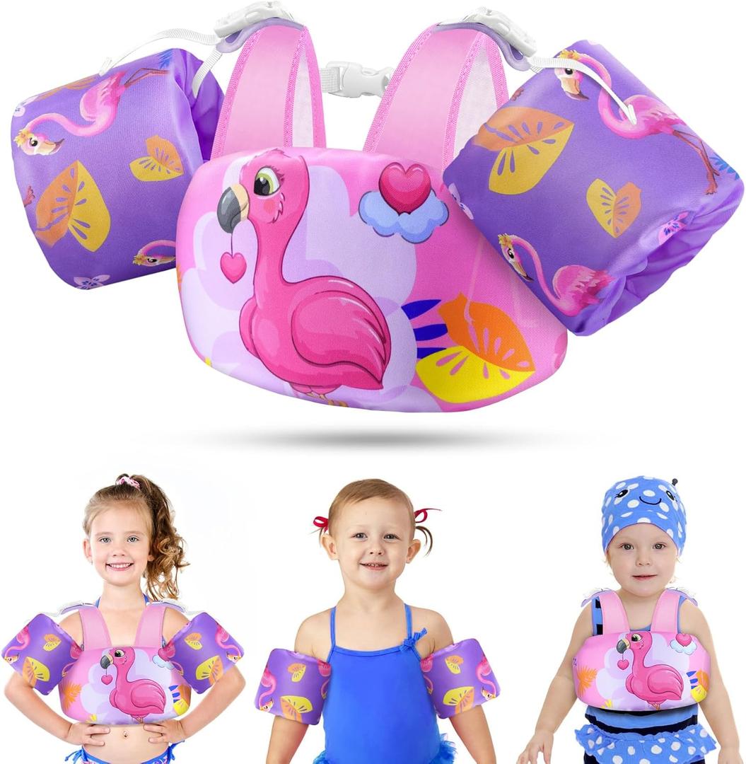 Vvinca Separable Toddler Swim Vest Fit 22-66 Lbs1-6 Years|2025 Newest 3 in 1 Pool Float & Arm Bands Boys and Girls, Adjustable Sturdy Safety for Infant 1 2 3 4 5 6 Year (Flamingo)