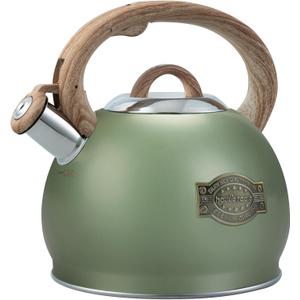 Tea Kettle Stovetop, 2.7 Quart Stove Top Whistling Tea Kettle, Teapot Kettles with Food Grade Stainless Steel and Wood Pattern Handle, Suitable for All Heat Sources (Green)