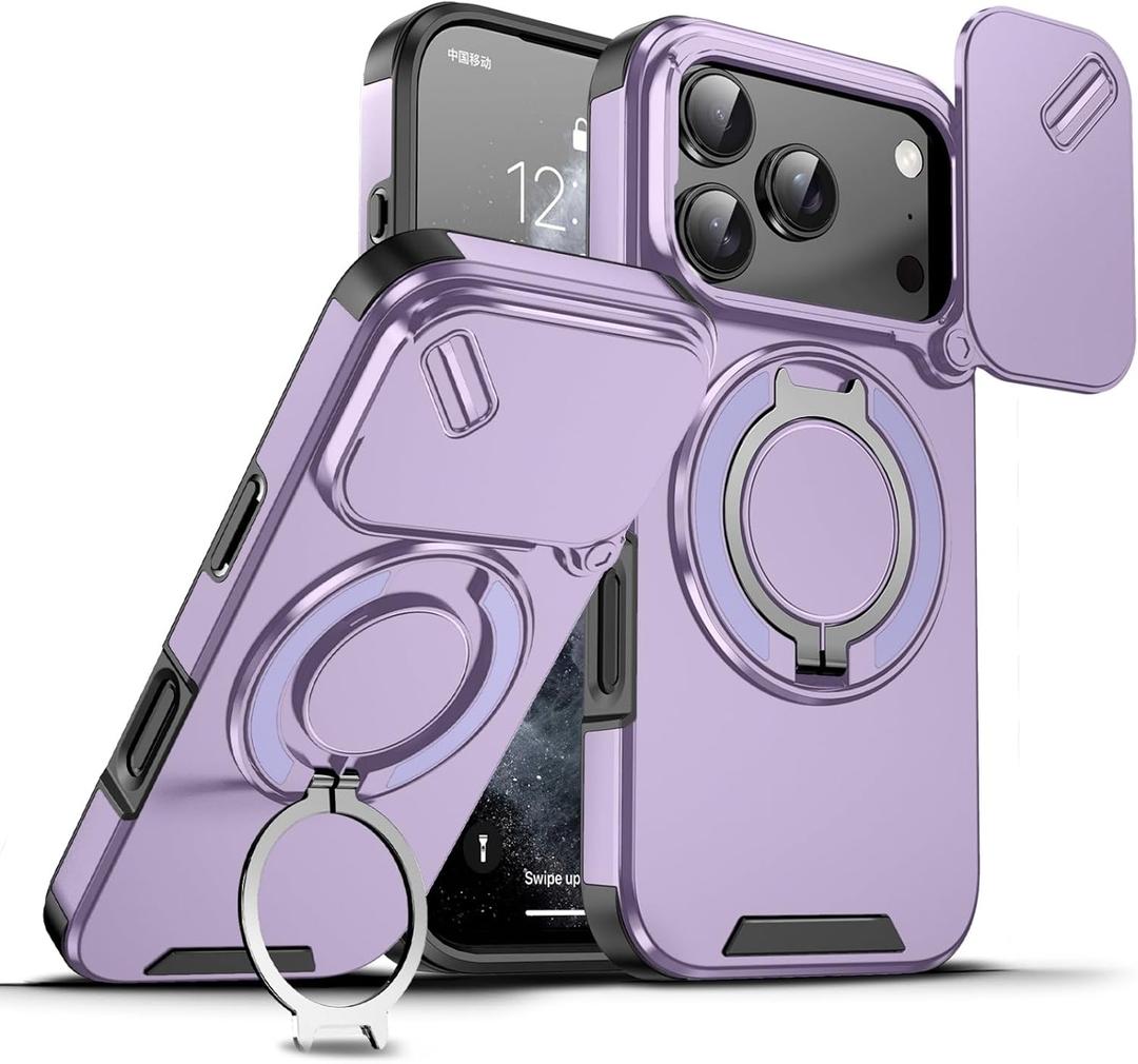 for Apple 17 Pro Case with Slide Camera Cover, Military Grade Drop Protection Heavy Duty Shockproof with 360° Rotate Kickstand Case for iPhone 17 Pro.Slide Purple