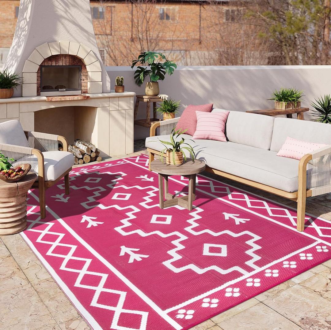 Uphome Outdoor Rug Waterproof 8×10, Large Reversible Pink Scalloped Patio Plastic Straw Rugs, Foldable Modern RV Camping Outside Carpet Mat for Pool Back Yard Deck Picnic, 8 x 10 ft