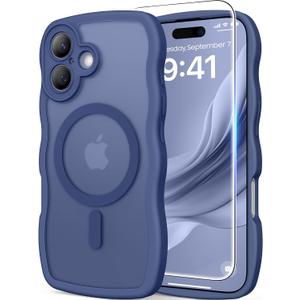 3 in 1 Magnetic for iPhone 17 Case, Cute Wavy [Full Camera Protection] [Fit for MagSafe] 1X Screen Protector+1X Wrist Strap, Anti-Slip Trendy Women Girly Phone Case for iPhone 17 6.3", Deep Blue