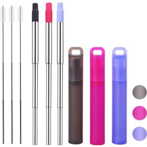 NAIVELY-Reusable Metal Straws 3 Pack Collapsible Stainless Steel Straw,travel straw with case and Cleaning Brush,Retractable Portable Pocket Straws(Gray, Red, Purple orchid, Telescopic brush) (3pack Telescopic brush)